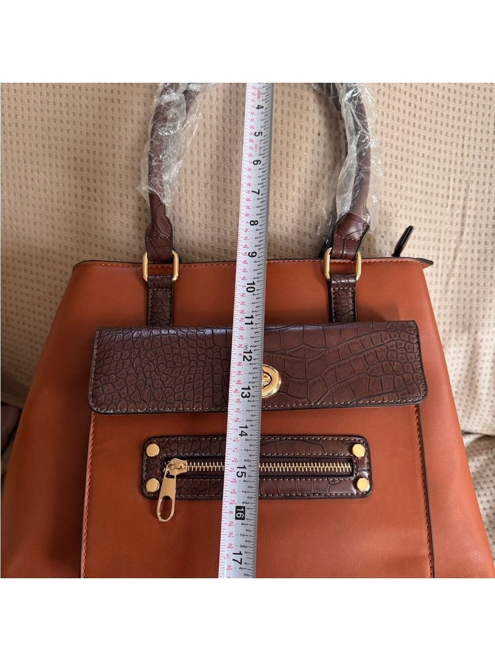 Brown Croc-Embossed Accent Structured Tote Handbag - Picture 10 of 12